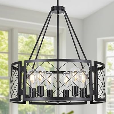 Sigaitwei 6-Light Farmhouse Chandelier Rustic Black Chandelier for Dining Room,Adjustable Pendant Light,Drum Chandelier for Kitchen Island Entryway Bedroom Hallway,21.7'',E26.