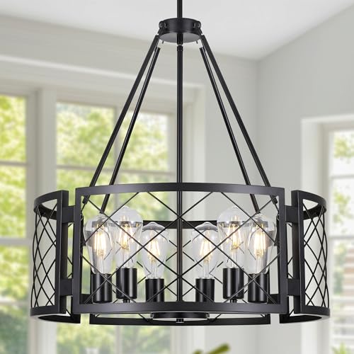 6 Light Farmhouse Chandelier Rustic Black Chandelier for Dining RoomAdjustable Pendant LightDrum Chandelier for Kitchen Island Entryway Bedroom Hallway217E26