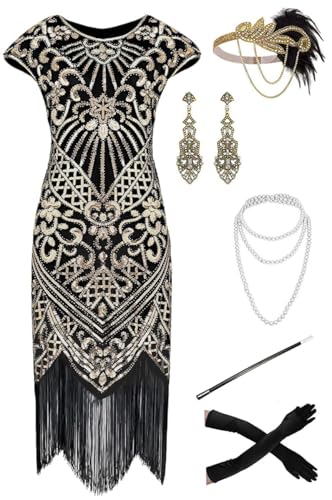 Image of 868A - Plus Size 1920s Vintage Fringed Gatsby Sequin Cold Shoulder Tassels Flapper Party Cocktail Dress with Accessories