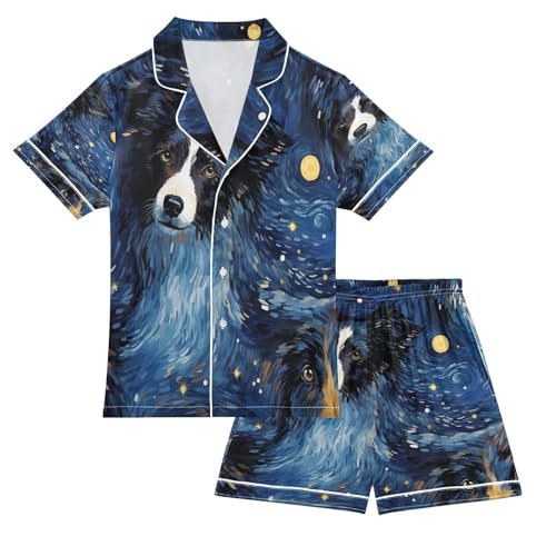ALAZA Van Gogh Starry Night Dog Satin Pajamas Set Short Sleeve Button Down Sleepwear Summer Pjs 2 Piece