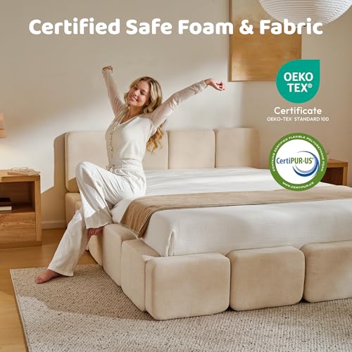 Image of RECCI Cloud King Upholstered Platform Bed Frame, Low Profile Grounded Design with Plush Headboard & Footboard, Wood Slat Support, Noise-Free, No Box Spring Required, Beige