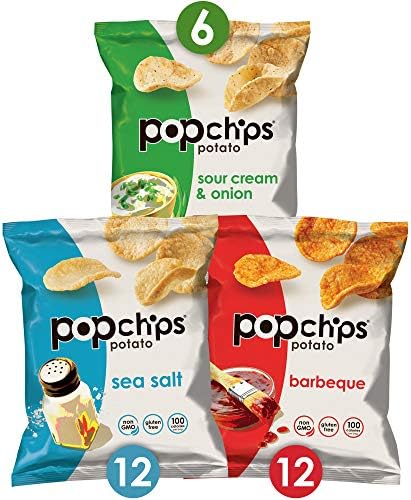 Popchips Potato Chips Variety Pack Single Serve Bags , 3 flavors: 12 Sea Salt, 12 BBQ, 6 Sour Cream & Onion, 0.8 oz Bags Each (Pack of 30)