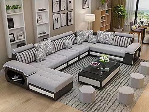 Woodsfreak Luxurious Designer Sofa U Shape Latest Model 2024 Attractive Sofa Set-Couch 7 Seater with 4 Pouffe for Living Room, Set of 10 Items.Upholstery-Suede Fabric,Color-Light Grey-image-11