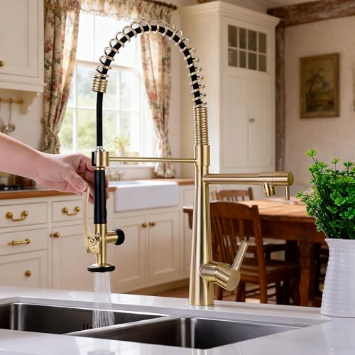 Image of Copper Kitchen Faucet, Solid Brass Brushed Gold Kitchen Faucet, Heavy Duty Spring Pre-Rinse Single Handle Kitchen Faucets with Pull Down Sprayer and Pot Filler, Commercial Style Sink Faucet
