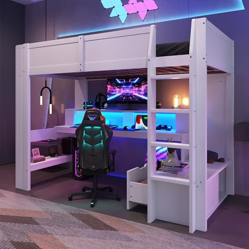 Merax Hochbett mit Schreibtisch und Treppe, Etagenbett Kinderbett 90x200cm mit Schublade und Regale, Hochbett mit Gaming-Ecke und LED-Leuchten, ohne Matratze, Kiefer, Weiß, 217x103x155 cm Merax Hochbett mit Schreibtisch und Treppe, Etagenbett Kinderbett 90x200cm mit Schublade und Regale, Hochbett mit Gaming-Ecke und LED-Leuchten, ohne Matratze, Kiefer, Weiß, 217x103x155 cm