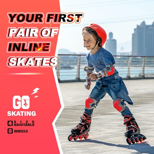 2PM SPORTS Torinx Green Boys Adjustable Inline Skates, Fun Beginner Roller Skates for Kids, Youth, Girls, Men and Women (Red, Small - Little Kid (10.5C-13C US))