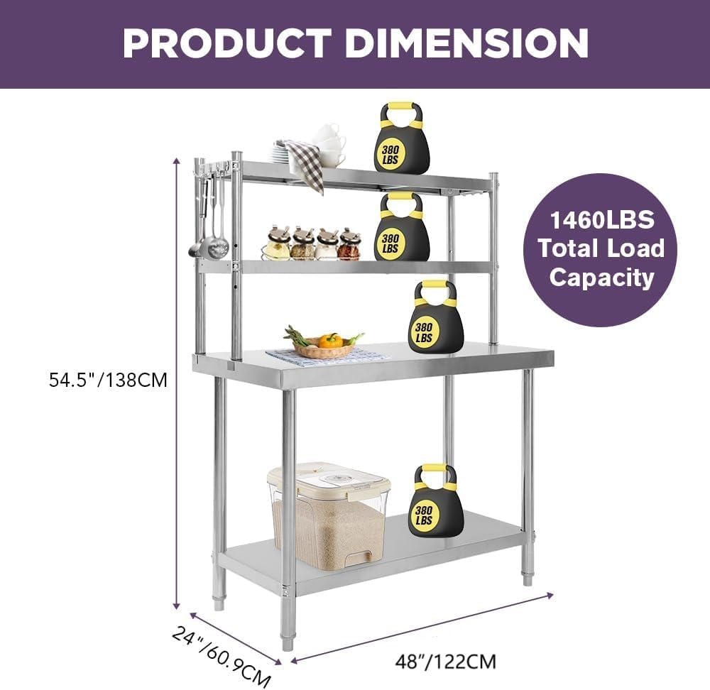 Yeeoy Stainless Steel Table with Overshelf, 48" X 24" Kitchen Prep Table with 12" Adjustable Shelf, Commerical Kitchen Workbench for Home Restaurant Garage Warehouse