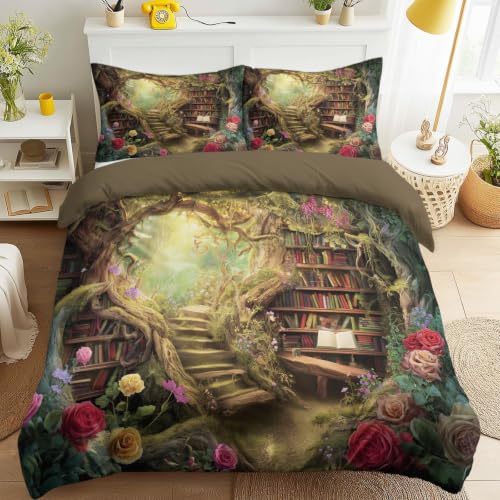 Juego de funda de edredón, juego de cama de fácil cuidado, tamaño individual, 134,6 x 200,7 cm, diseño de cuento de hadas de fantasía, pastoral, acogedor, curativo, tranquilo, biblioteca, floral