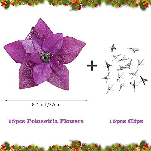 15 Pieces Christmas Glitter Poinsettia with Clips Christmas Poinsettia Decorations Artificial Poinsettia Flowers Ornament Christmas Flowers for New Year Wedding Home Decoration 8.7inch/22cm Purple