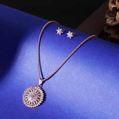 Image of Rose Gold Pendant Necklace Set with Stud Earrings, Aurora Borealis Crystal, Floral Mandala Design