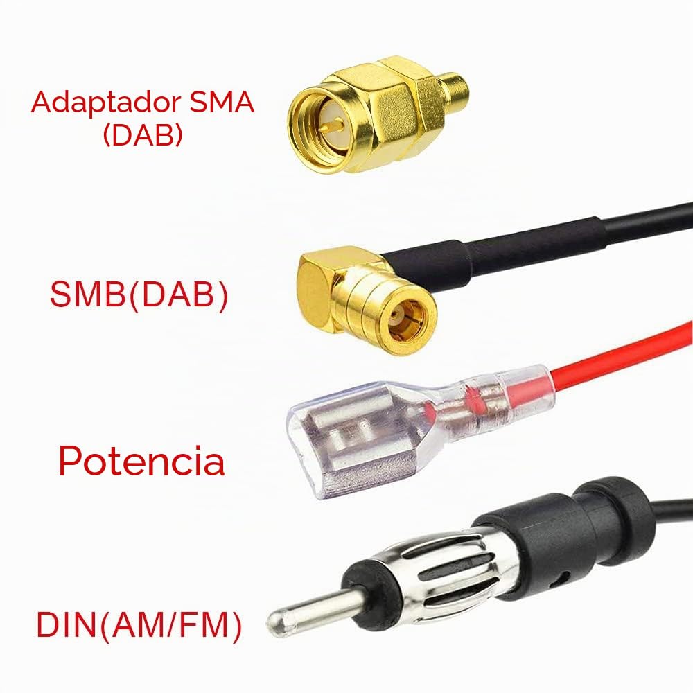 Eightwood Antena activa DAB/DAB+ para coche, radio digital FM/AM Combi, antena de techo con amplificador, conector SMB/SMA, adaptador DIN, 5 m