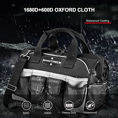 Image of HAUTMEC 16 inch 47-Pockets Tool Bag, Heavy-Duty 1680D Wide Mouth Tool Organizer with Reinforced Hard Base, Padded Shoulder Strap - HT0183