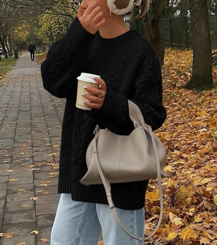 Okiwam Women's Oversized Sweaters Crewneck Cable Knit Pullover Casual Loose Fall Outfits Fashion Clothes 2025