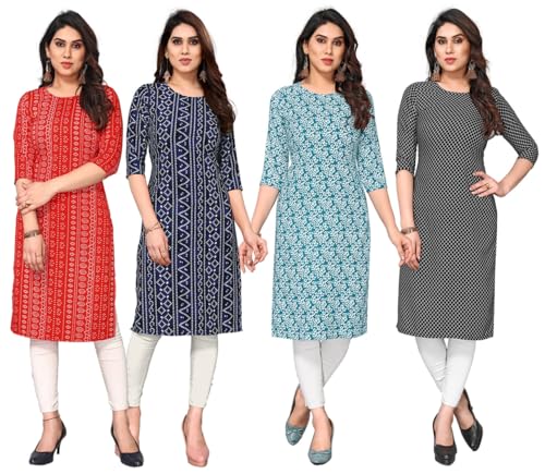Image of JAKHANA Women's Crepe Printed Casual Straight Calf Length Round Nick Kurta Pack of 4