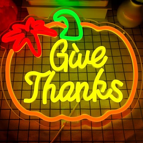 Image of Thanksgiving Neon Sign Pumpkin Neon Signs Dimmable Fall Neon Sign for Wall USB Power Give Thanks Sign for Home Bar Salon Window Porch Front Door Thanksgiving Decorations