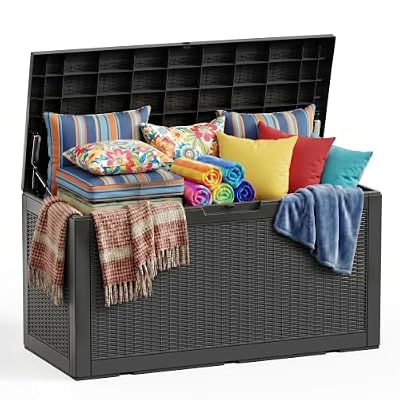 ROJIK 120 Gallon Waterproof Outdoor Deck Storage Box, Lockable Resin Patio Storage Bin with Lid for Garden Tools, Patio Cushions & Outdoor Accessories(Black)