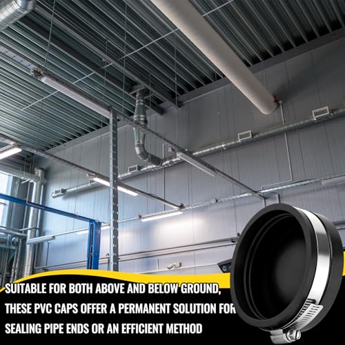 Image of 6 Pack 4 Inch Flexible PVC Pipe Cap with Stainless Steel Clamps - Black Durable End Caps for Drainage, Wastewater & Vent Pipes, Above /below Ground Use