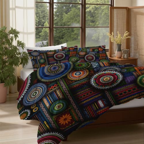 Housse de couette réversible patchwork africain et mandala microfibre