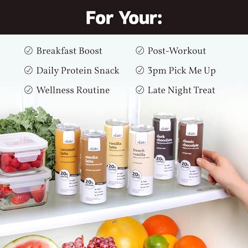 Image of Slate Milk - High Protein Milk Shakes & Iced Coffees - Classic Chocolate, Mocha Latte, Vanilla Latte, French Vanilla -Lactose Free,20g Protein,1g Sugar, 100 Calories,1-2g Net Carbs -11 fl oz, 12 Cans