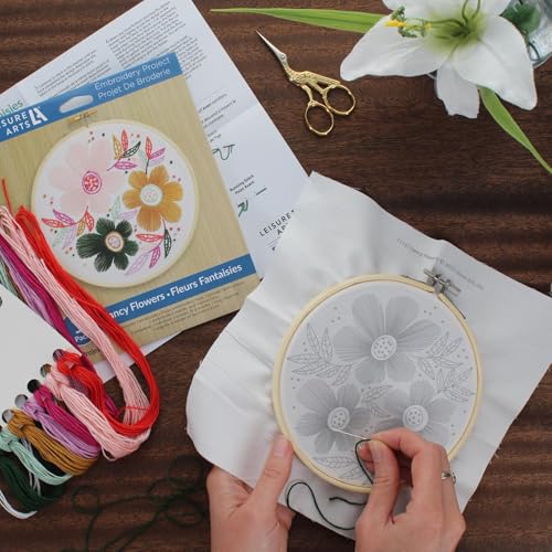 Image of LEISURE ARTS Embroidery Kit 6 inch Fancy Flowers - Embroidery Kit for Beginners and Adults, Cross Stitch Kits with Patterns, DIY Starter Set for Seasonal Craft Projects