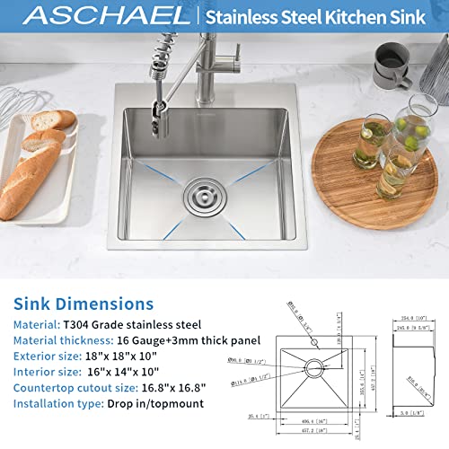 Aschael Bar Sink Drop In,18X18X10 Inch Top Mount Kitchen Sink 16 Gauge Stainless Steel Sink Single Bowl Kitchen Sinks, Deep Kitchen Sink Bar Prep Sink Rv Sink #TOP4