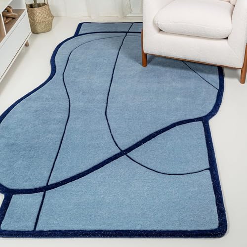 Image of Sifa Carpet Hand Made Natural Woolan Tufted Carpets Irregular Shaped Handmade Area Rugs, for Your Room Blue Color Size 5x8 feet (150x240cm)