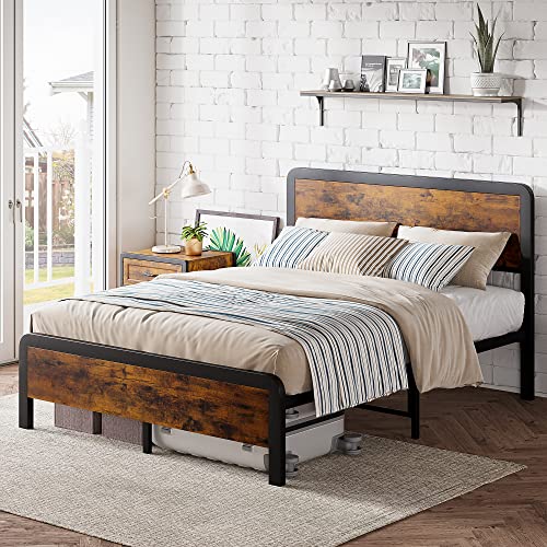 Amyove Base de cama de plataforma de metal tamaño Queen de 14 pulgadas con cabecera y estribo de madera, base de colchón, no necesita somier, gran almacenamiento debajo de la cama, antideslizante, sin