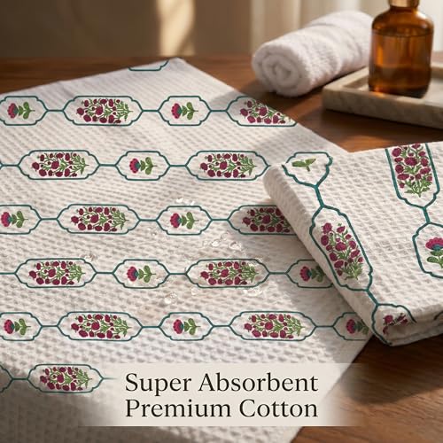 Image of Mafatlal Madhuban Hand Printed Towel Set (1 Bath 147x76 cm + 2 Hand 76x38 cm) | 250 GSM | Lightweight, Quick Dry Cotton | Vista White