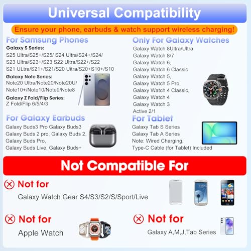 30W Magnetic Wireless Charger for Samsung Foldable Android Mag-Safe Charging Station for Galaxy Tab with Clock &7 Color Light, Watch Charger for S25 Ultra, for Samsung Watch8, Galaxy Buds3 Pro(Black - Image 3