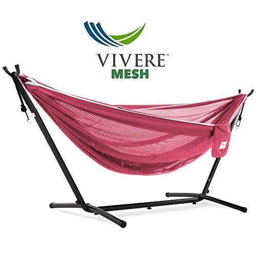 Vivere Rose/Celeste Mesh Double Hammock with Space Saving Steel Stand