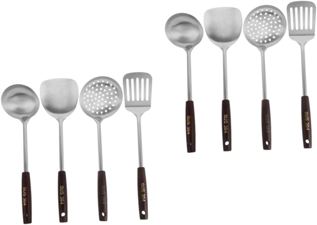 OUNONA 8pcs Stainless Steel Kitchen Utensils Set Wooden Handles Includes Wok Spatula Ladle Skimmer and Turner for Cooking and Stirfrying