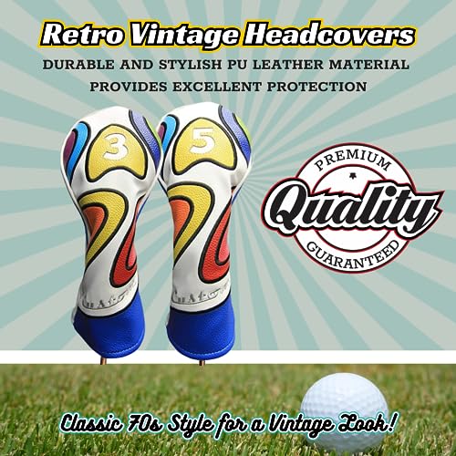 Majek Retro Golf Headcover Limited Edition Vintage Leather Style Psychedelic Colorful Groovy Custom Design #3 & 5 Fairway Wood Head Cover