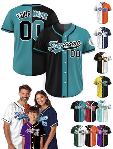 Custom Baseball Jersey – Personalized Name, Number & Logo, Split Green Black Button Up Jersey for Men, Women, Youth, Toddlers