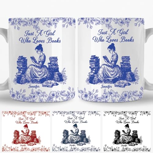 Image of Personalized Books Lover Mug, 11oz 15 oz Ceramic Coffee Cup, Just A Girl Who Loves Reading Books Design, Gift for Women Readers, Christmas (Flowers-Girl)