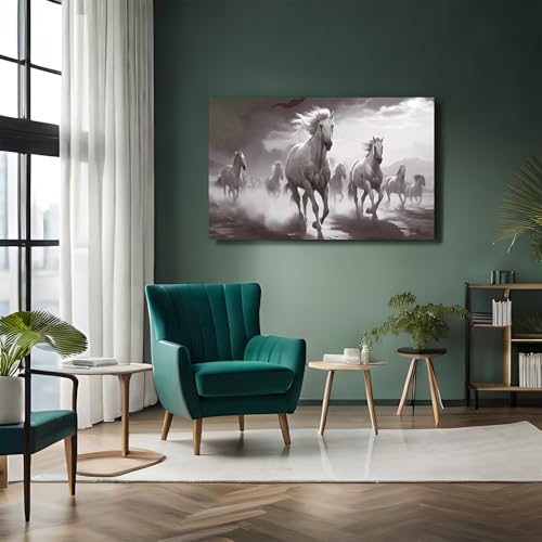 Image of RANGOLI Seven Running Horses Painting | Vastu-Inspired Framed Canvas Wall Art for Home, Office & Living Room | Positive Energy 3D Decor (12 x 18 Inch)