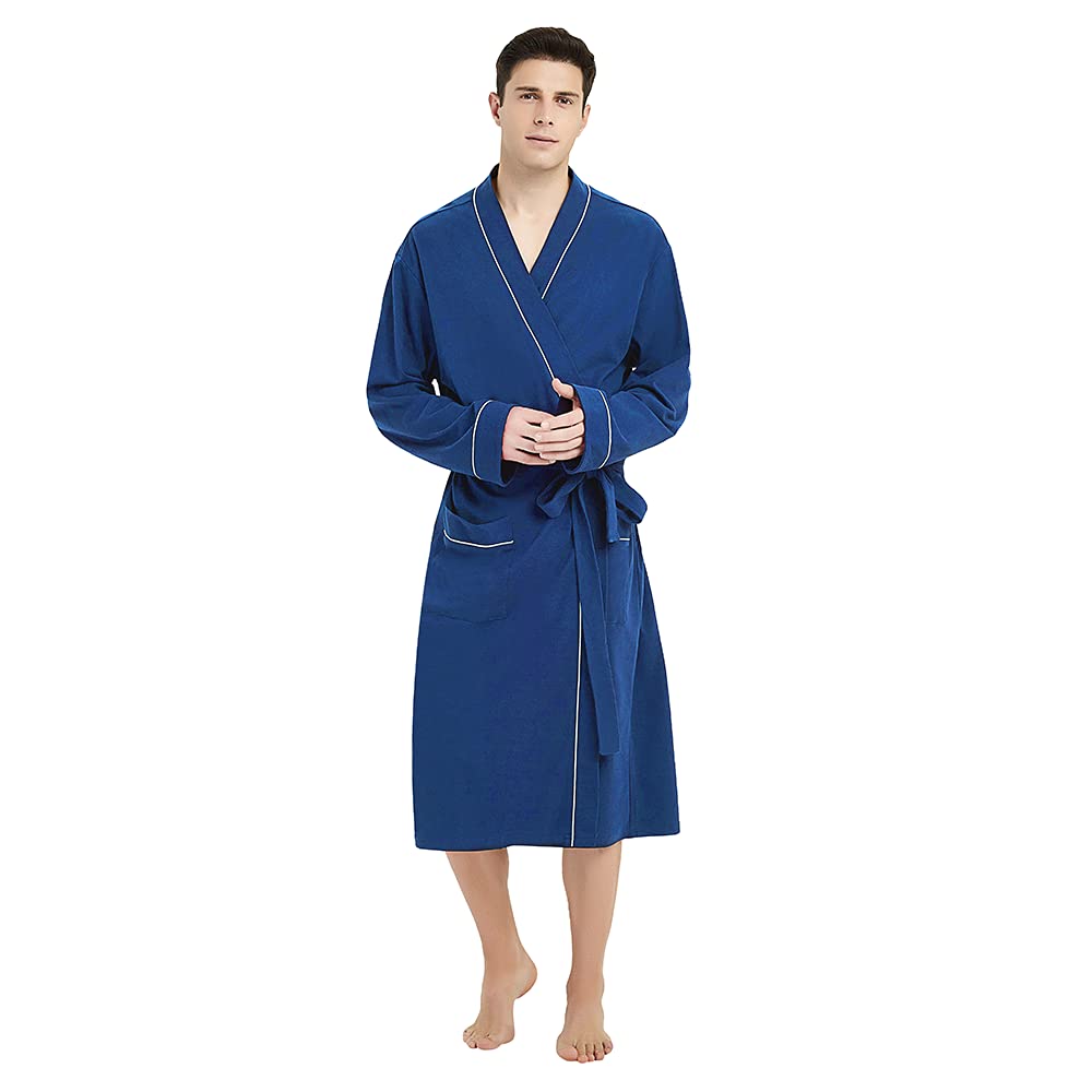 Mens 100% Cotton Robe Lightweight Knit Bathrobe, Royal Blue, XX-Large-3X-Large