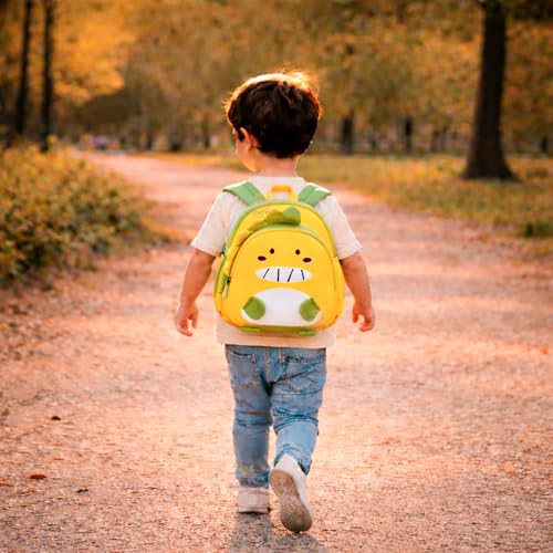 Image of WISHKEY Waterproof Small Size Bag,Picnic & Fancy Kindergarten Bags for Toddler Boys & Girls, Lightweight Cartoon 3D Baby Dino Nursery Dinosaur Backpack for Kids 2 To 5 Years (Pack Of 1,Yellow)