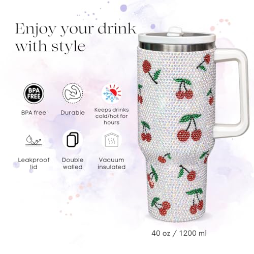 Image of 40 Oz Rhinestone Studded Tumbler with Handle Straw and Lid, Insulated Stainless Steel Double Layer Water Bottle for Women, Reusable Travel Coffee Mug (1200ml) Cherry