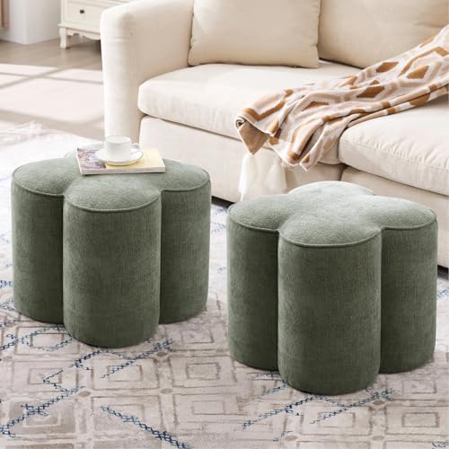 Image of Zesthouse Flower Pouf Ottoman Foot Rest Set of 2, Linen Fabric Poofy Ottoman Footstool for Couch, Modern Living Room Stool for Under Entry Table, Cute Square Vanity Stool for Bedroom Dorm, Green