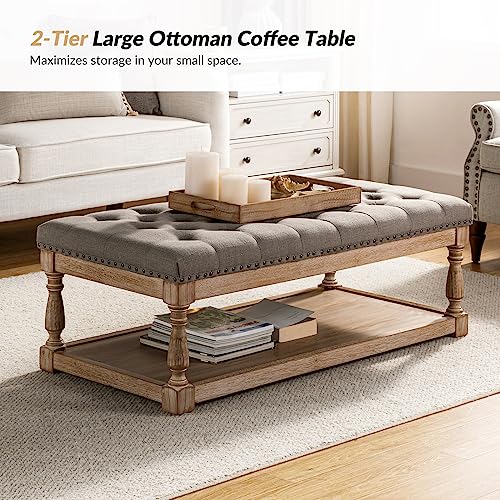 Hulala Home Rectangle Ottoman Coffee Table With Tray, Large Tufted Fabric Coffee Table With Wood Shelf Storage thumb #4