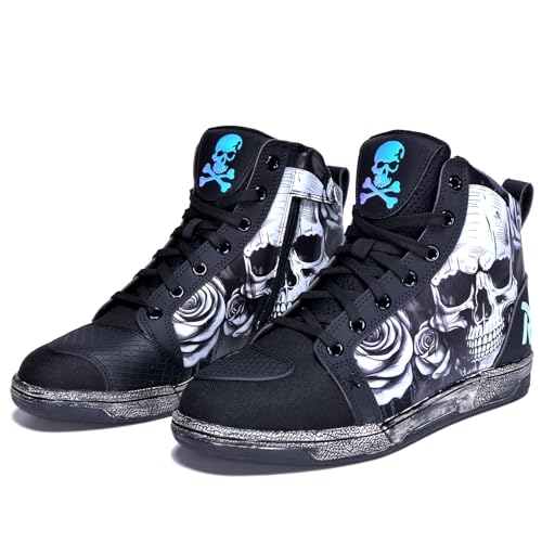 GXZUORUI Retro Skull & Rose Motorcycle Riding Shoes for Men Women Casual Daily Wear Motocross Sneakers with Side Zipper Ankle Support & Anti-Slip Protective Footwear (Black Adult Men 10 Numeric US Footwear Size System Medium)