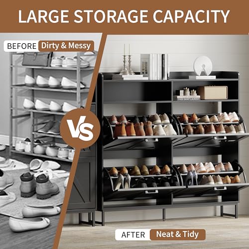 Image of Shoe Cabinet with 4 Flip Drawers, Freestanding Hidden Shoe Storage Organizer for Entryway, Narrow Slim Shoe Rack Cabinet with Open Storage & Hooks for Front Door Entrance, Living Room, Hallway, Black