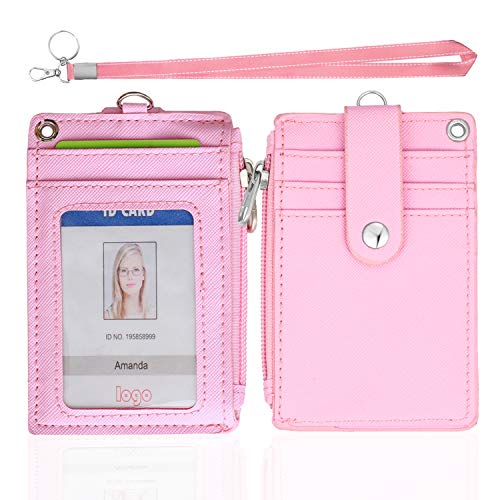 Image of ID Badge Holder with Lanyard,2 Sided 5 Card Slots ID Card Holder Wallet with PU Leather Zipper Pocket and Detachable Keychain Lanyard for Teens Women(Pink)