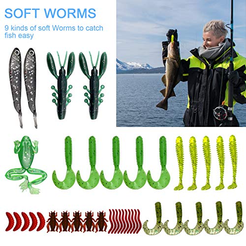 XTON 93Pcs Fishing Lures Kit Set for Bass, Trout, Salmon Including Frog Lures, Plastic Worms, Spinner Bait, Crank Bait, Jigs, Topwater Freshwater and Saltwater Lure with Tackle Box