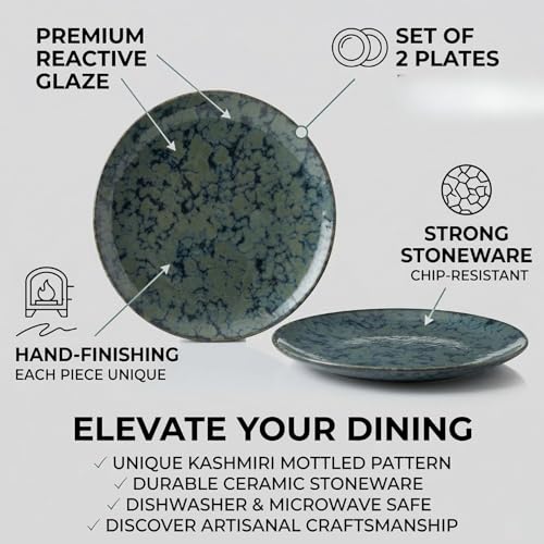 Image of Freakway Artisan Reactive Glaze Dinner Plates, Set of 2 - 10.7 inch Round Ceramic Tableware, Emerald Moss Blue, Microwave & Dishwasher Safe