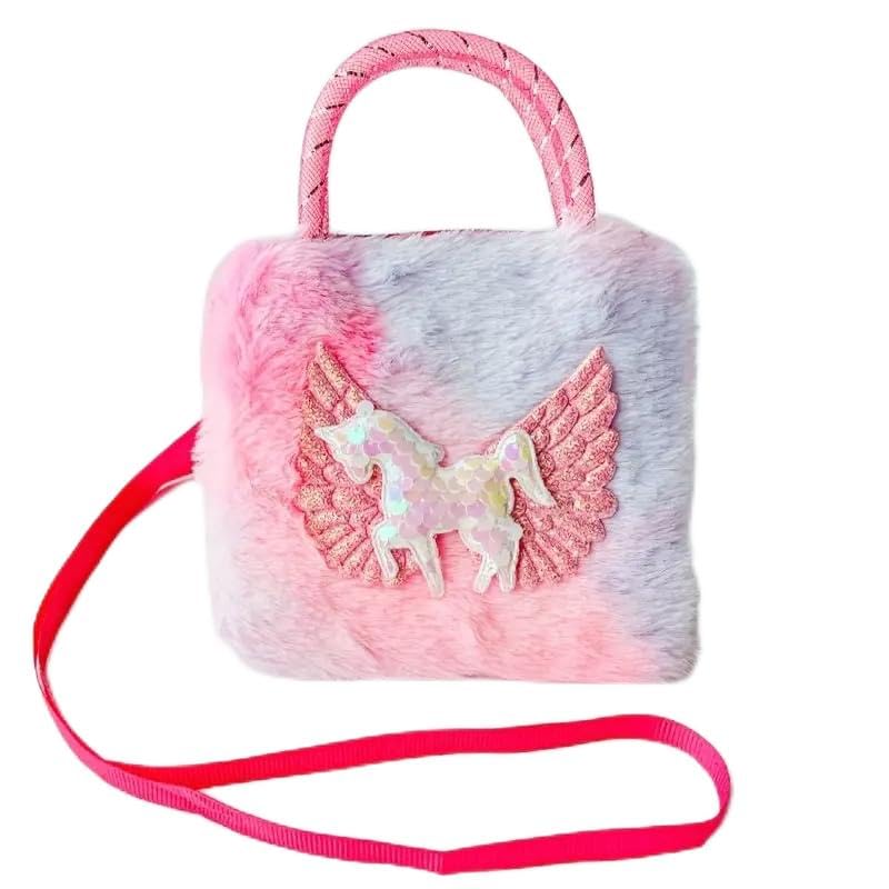 Linda bolsa tiracolo de pelúcia, bolsa de mão com estampa de cavalo alado com fecho de zíper e bolso interno, leve, rosa, Medium, uso diário