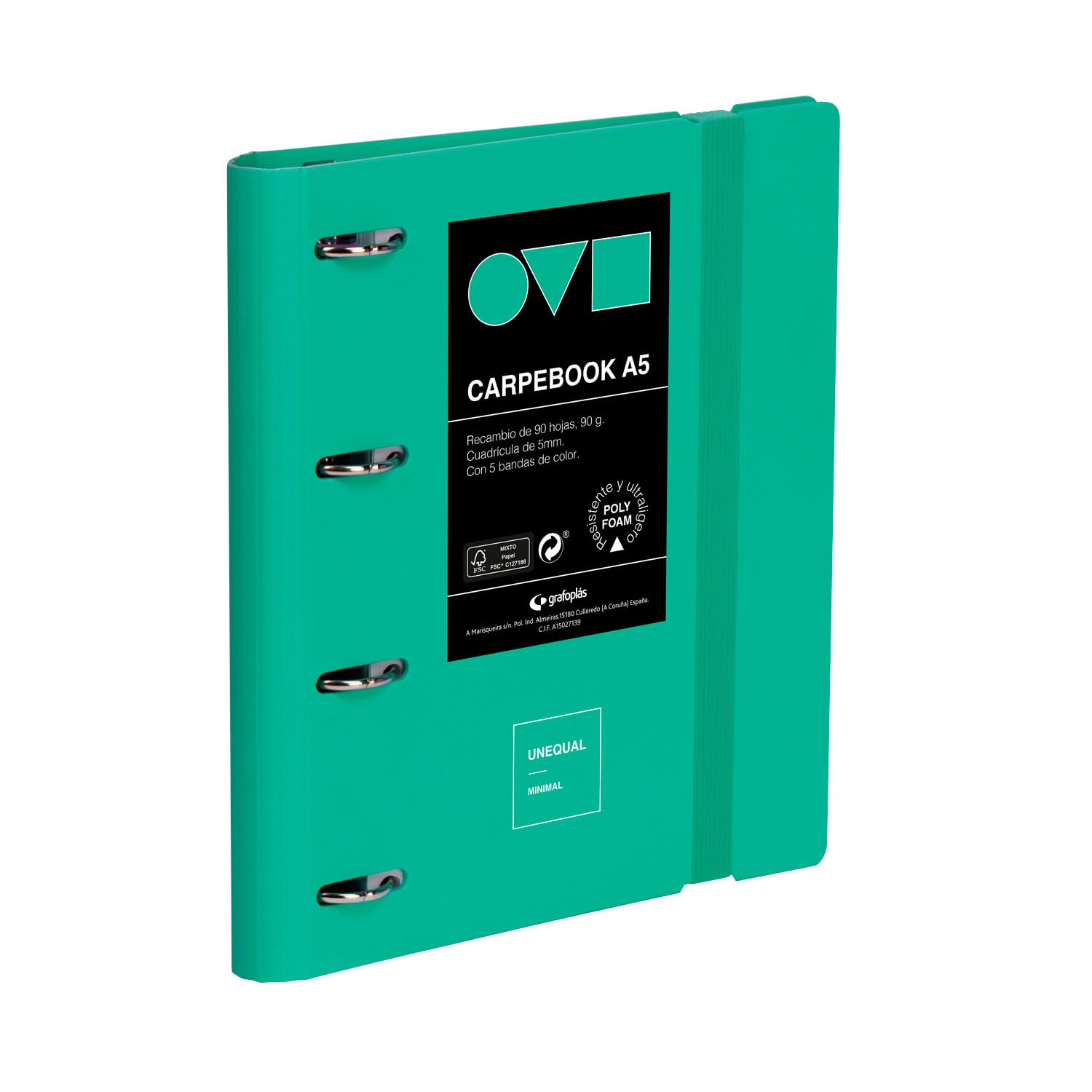 Grafoplas – 4 Ring Binder A4, Carpebook Polyfoam, Resistant and Ultralight, Minimal Turquoise Uniqual, Includes Refill, Dividers and Envelope, Perfect for Organizing School Subjects
