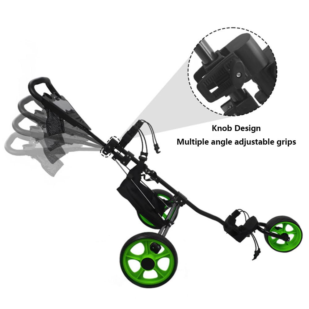 Golftrolley Klappbar, Golfwagen, Golftrolley mit Fußbremse, Getränkehalter, Höhenverstellbarem Griff und Aufbewahrungstasche, Ideal für Golf und Outdoor Aktivitäten,Green