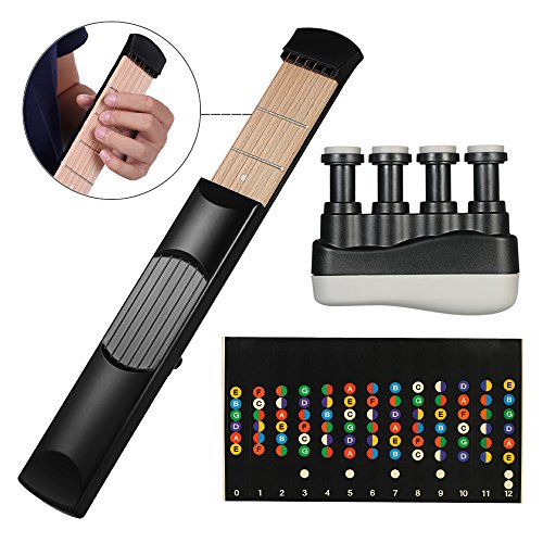 Portable Pocket Guitar Practice Tool Gadget Guitar Chord Trainer 6 Fret Black + Portable Guitar Bass Finger Exerciser (black) + Guitar Scale Stickers Fingerboard Note Decals for Beginner Practice