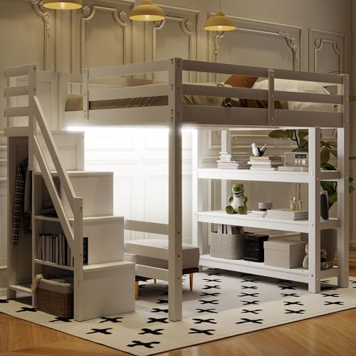 VilroCaz Moderna cama tipo loft de tamaño matrimonial con escalera de almacenamiento y estantes, marco de cama multifuncional de madera maciza con armario pequeño y luz LED para niños, adolescentes y
